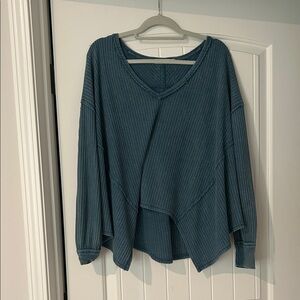Free People Washed Teal Waffle Knit V-Neck Top